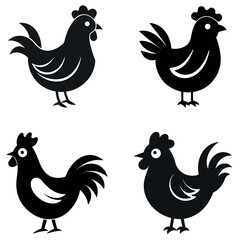Four Black Chicken Icons on a White Background Rooster and Hen Silhouette Images