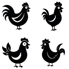 Four Black and White Silhouette Illustrations of Chickens and Roosters on a White Background