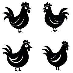 Four Stylized Black Chicken Silhouettes on a White Background Farm Animal Illustration