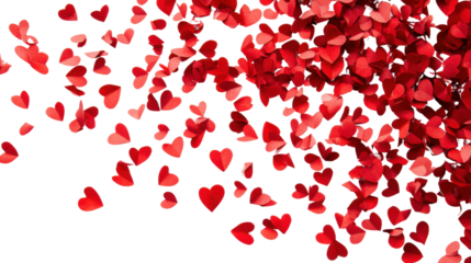 Rain of small red hearts on white background