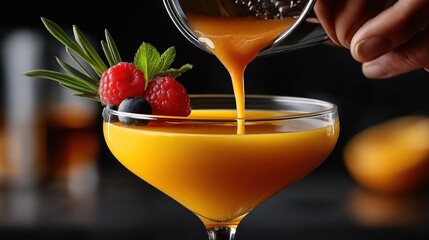 Bartender expertly pours vibrant liqueur into a garnished cocktail shot during a lively evening at a trendy bar