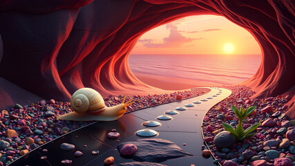 A whimsical snail journeying on a path towards a sunset over the serene ocean view