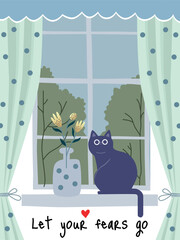 Illustration of a calm cat sitting on a windowsill beside a vase with flowers, framed by polka-dot curtains. The phrase "Let your fears go" adds a comforting, motivational touch.
