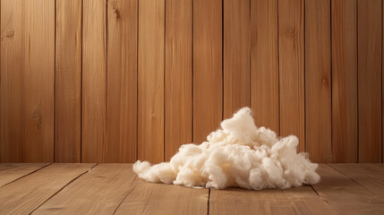 Freshly sheared raw wool pile on wooden floor against wooden wall  