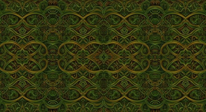 Ornate green and gold Celtic knot pattern forms a captivating ancient abstract background design