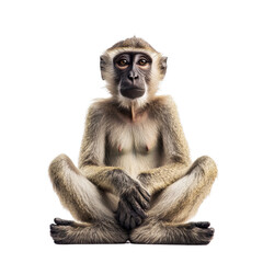 Fototapeta premium Monkey sitting calmly and thoughtfully in a relaxed pose against a Transparent background, Monkey Sitting isolated on PNG background