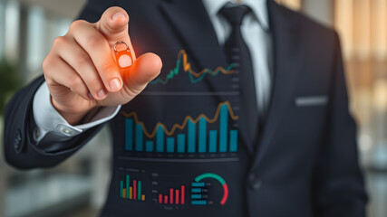 Business professional interacting with interactive digital stock market data and financial analysis
