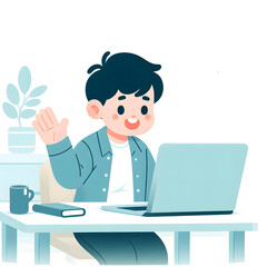 a cartoon character having a video call on laptop, cheerful expression, minimal desk setup, clean white background, soft color, work from home concept
