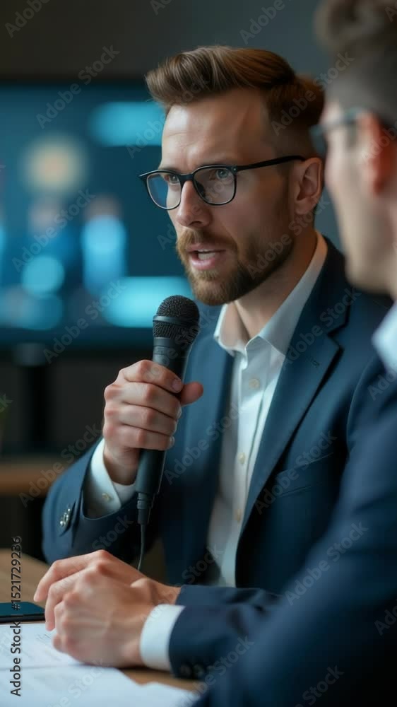 Poster a businessman speaks into a microphone, looking confident and prepared for an important presentation