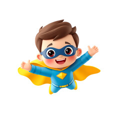 Cheerful cartoon boy in superhero costume with open arms against a white background