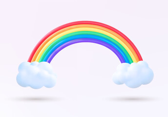 3D realistic rainbow with clouds on white background. Vector plasticine or clay design element. Cartoon colorful realistic weather icon. Summer symbol. Sticker, patch badge. Design for decoration.