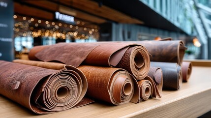 Rich brown leather rolls are arranged on a workshop table within a spacious factory, highlighting the craftsmanship and design