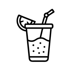Refreshing Beverage in Clear Cup with Straw and Citrus Garnish for Summer Quenching Thirst and Enjoyment in a Simple Line Art Style
