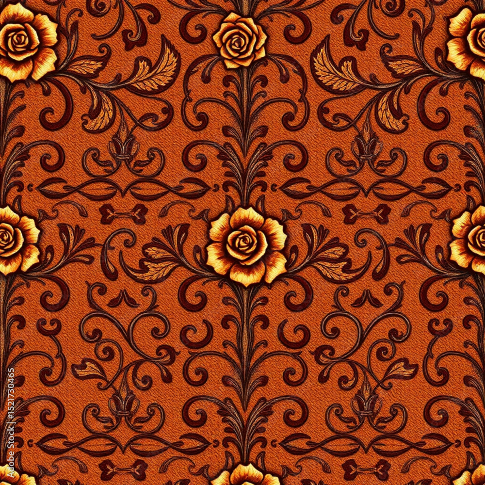 Poster ornate floral pattern with roses and swirling vines on a textured orange background creating a wallp
