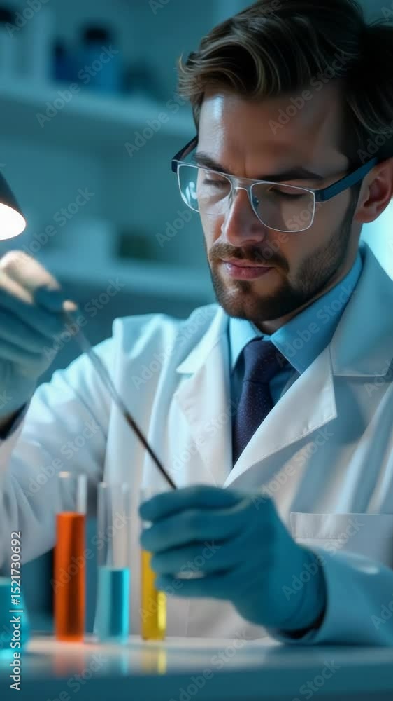 Poster a scientist in a lab coat holding a pipe, possibly used for experiments or research