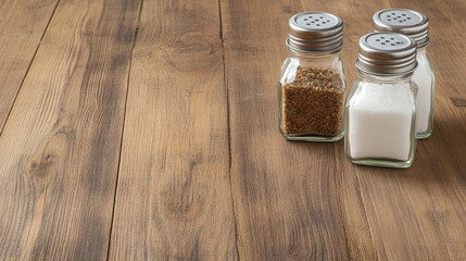 Salt and pepper shakers on a wooden table in a classic style  
