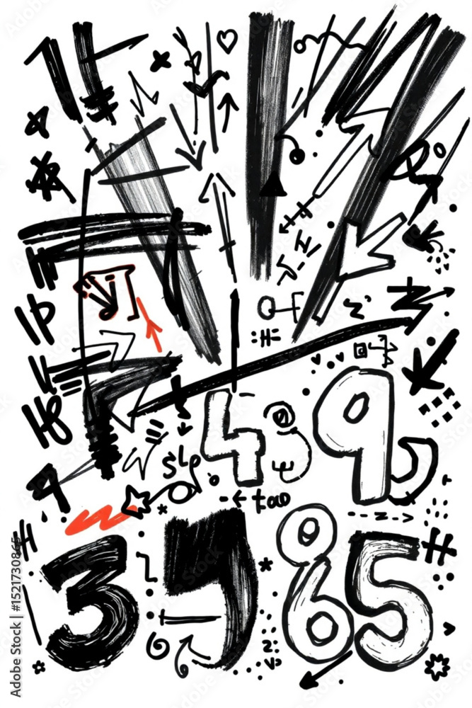 Poster abstract doodle art with numbers arrows and symbols in black and red ink on a white background creat