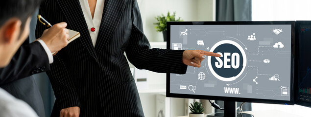 SEO search engine optimization for brisk e-commerce and online retail business showing on computer...