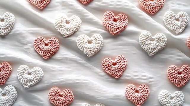 Beautiful handmade crochet hearts in soft colors create a charming display on a light fabric background, perfect for decor or gifts