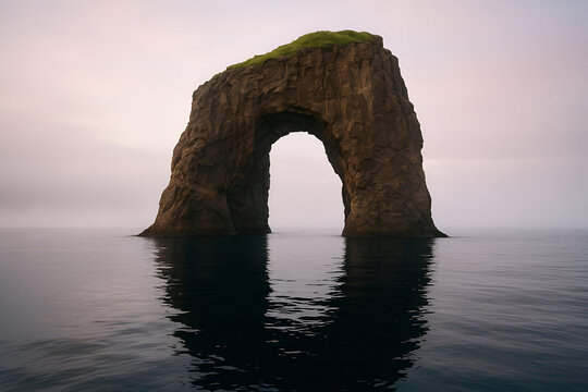 Ocean rock arch with grassy top at dawn