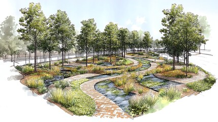 Conceptual design for a green infrastructure project featuring urban forests permeable pavements and natural water management systems