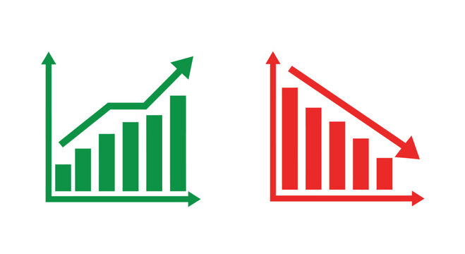 Graph going Up and Down sign with green and red arrows vector. Flat design vector illustration concept of sales bar chart symbol icon with arrow moving down and sales bar chart with arrow moving up.
