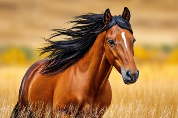 Fototapeta premium Majestic horse gallops through golden grasslands under a blue sky at dusk, embodying strength and beauty in nature's embrace