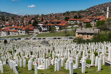 View of the Muslim cemetery and the city of Sarajevo in the spring,  the capital of Bosnia and...