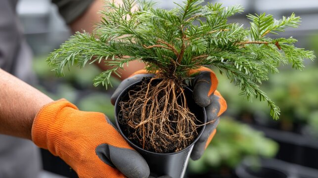 Gardener in gloves plants coniferous trees in a lush garden, holding a black pot with visible roots and preparing the soil for new growth