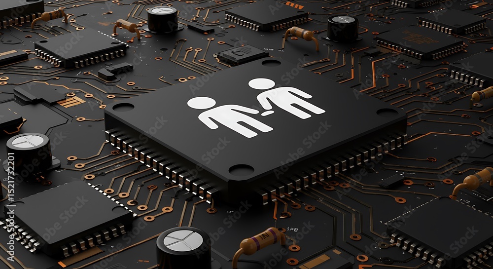 Poster concept of connection and partnership represented on a circuit board chip