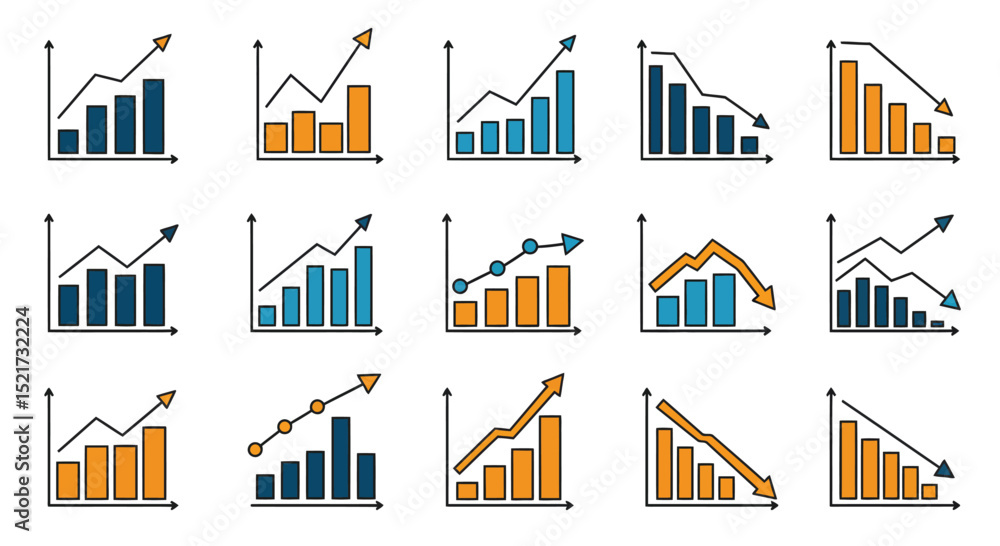 Poster set growth graphs charts line icons set. data elements, bar and pie, diagrams for business infograph