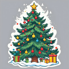 Festive christmas tree illustration with ornaments presents and a shining star for holiday season.