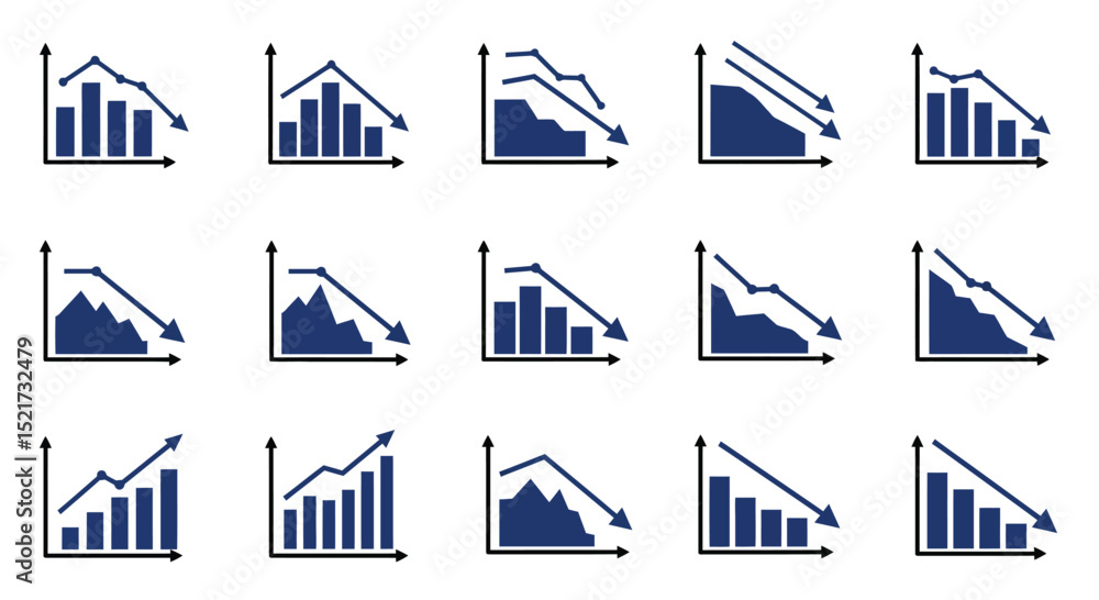 Poster set growth graphs charts line icons set. data elements, bar and pie, diagrams for business infograph