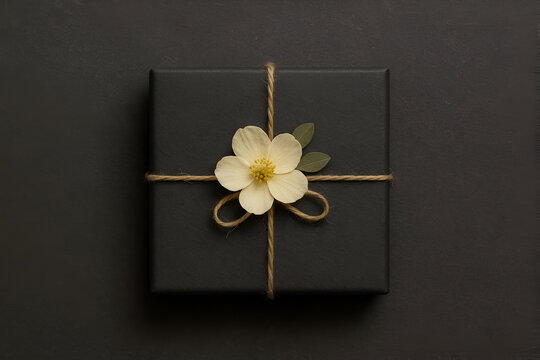 Elegant black gift box with white flower decoration