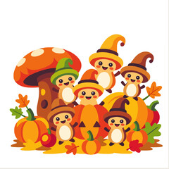 Fototapeta premium Cute Cartoon Characters Celebrating Autumn Harvest Season-Pumpkin Patch and Fall Leaves-Adorable Wizards and Mushrooms in Festive Colors