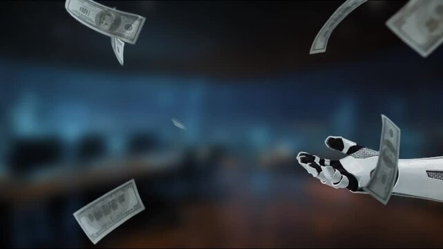 A futuristic robotic hand elegantly releases banknotes into the air, depicting a vivid representation of finance, technology, and innovation interwoven with economic themes. MZL