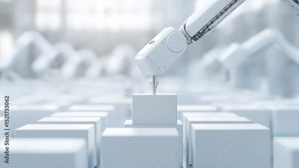 Poster a robotic arm precisely places a cube among many others in a high-tech, automated environment.