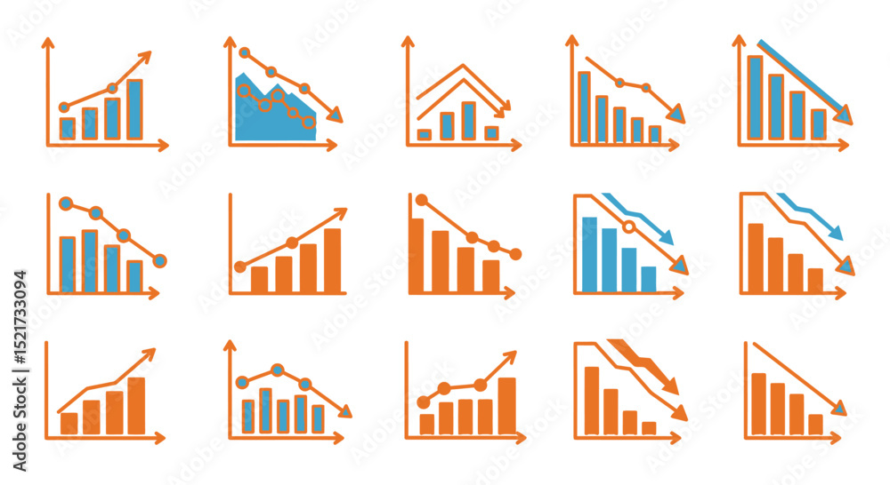 Poster set growth graphs charts line icons set. data elements, bar and pie, diagrams for business infograph