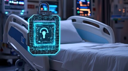 Digital lock on hospital bed symbolizes importance of patient data privacy and secure healthcare technology 