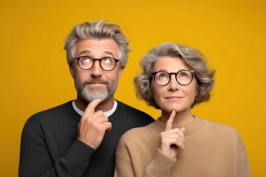 Mature couple with gray hair and glasses smiling together