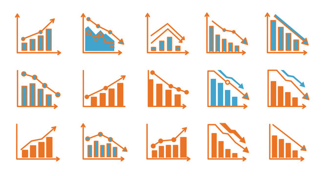 Set growth graphs charts line icons set. Data elements, bar and pie, diagrams for business infographics. Visualization of data statistic and analytics. Financial rise up. Increase profit.