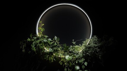 Circular Neon Spotlight on Black Wall with Greenery, Futuristic Circular Neon Frame and Foliage on Dark Backdrop