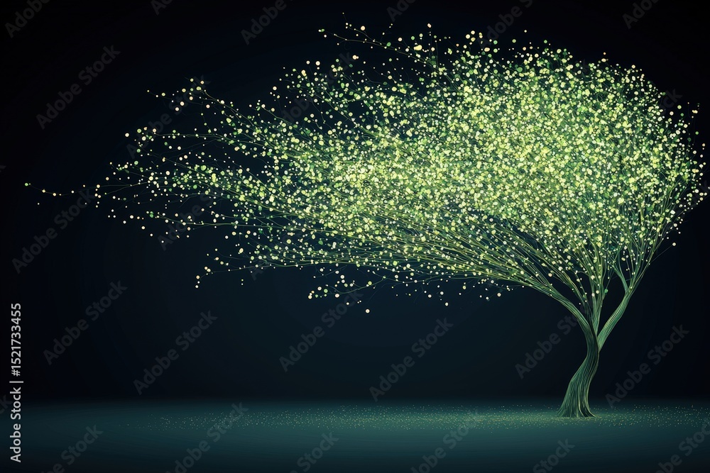 Poster system connectivity scalability concept. luminous tree with delicate branches against a dark backgro
