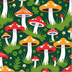Mushroom Fantasy-Whimsical Mushroom Pattern-Red and Orange Toadstools in a Forest Glade-Nature Inspired Design-Playful Forest Background-Mushroom Illustration-Fantasy Art
