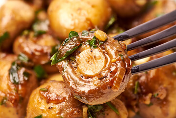 Delectable Garlic Butter Mushrooms Beautifully Presented on a Fork for a Tasty Meal
