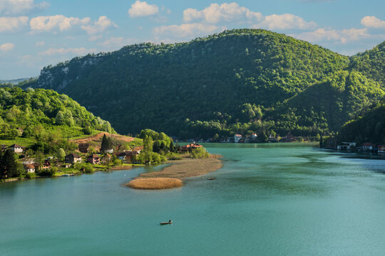 Beautiful lake peninsula (Divic, Zvornik) of Drina River.  Bosnia and Herzegovina, on a summer day.