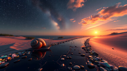 Majestic sunset scene with a snail on a pathway reflected in water and sand dunes
