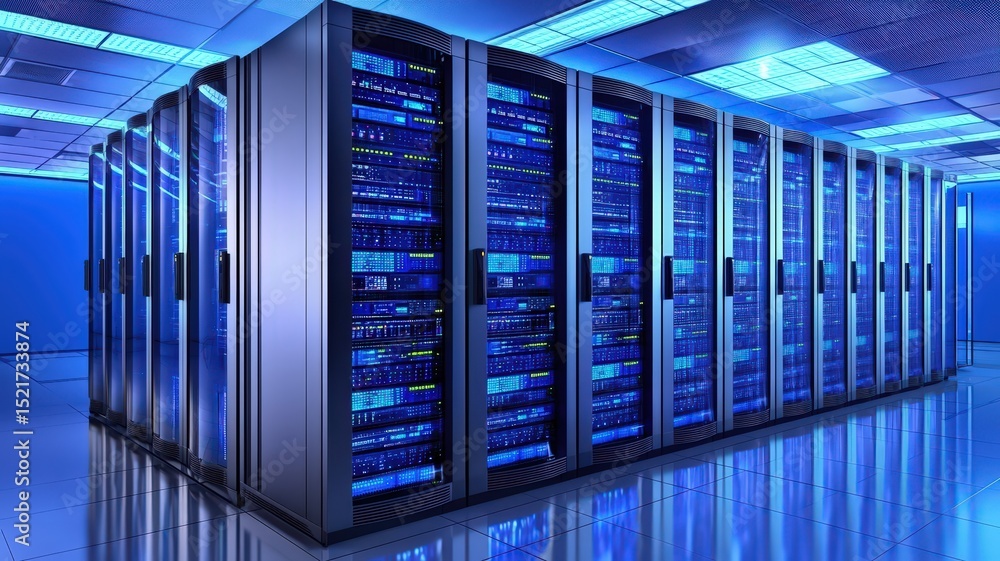 Poster system connectivity scalability concept. high-tech server room with illuminated racks and blue light