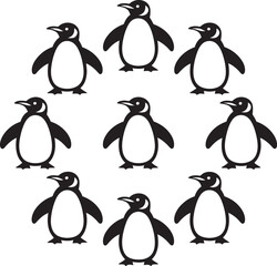 Naklejka premium Simple illustration depicting group of eight vector penguins in a black and white flat design style