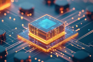 Obraz premium System Connectivity Scalability Concept. Futuristic microchip with glowing circuits and vibrant lights on a digital circuit board.